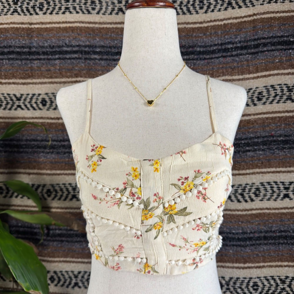 American Eagle Floral Pom Pom Trim Smocked Crop Top Cream Yellow XXS